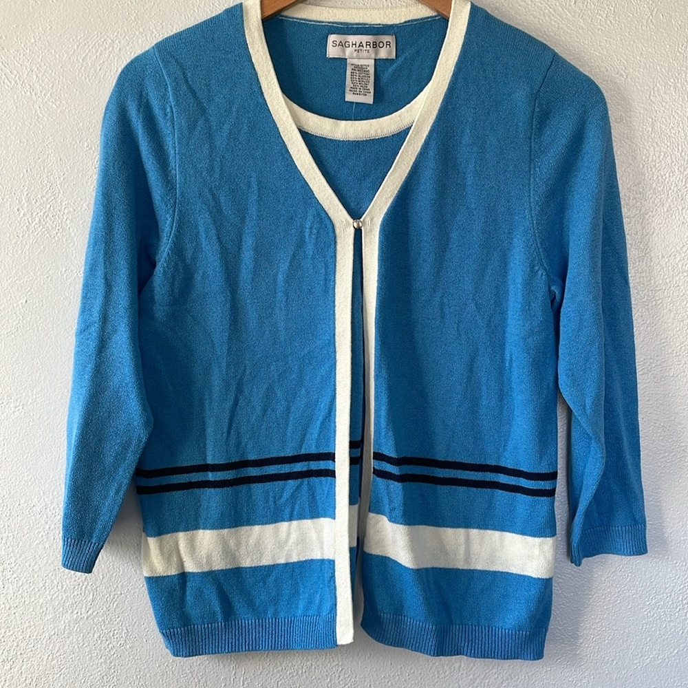 Y2K Sag Harbor Faux Twin‎ Sweater Set Blue With Black & White Stripes Size MP